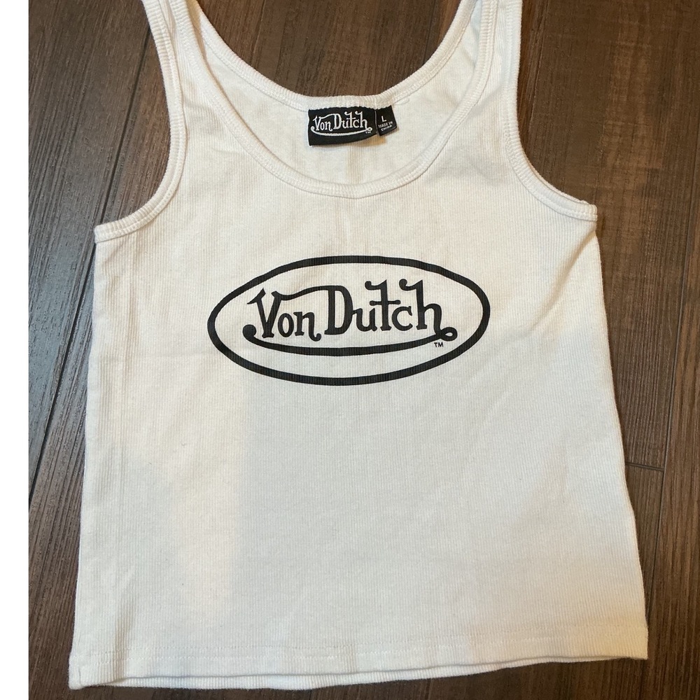 Von Dutch Y2K Ribbed Graphic Tank Top White Black Logo Size L Streetwear Retro